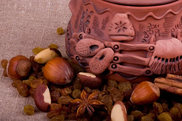 Tasty nuts and clay pot — Stock Photo, Image