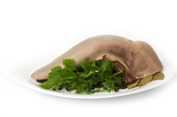 Tasty boiled beef tongue with dill — Stock Photo, Image