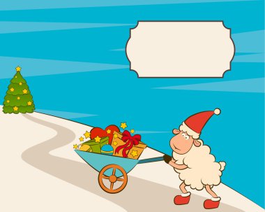 Cartoon funny Santa Claus sheep and sack with gifts. Vector Christmas illustration clipart