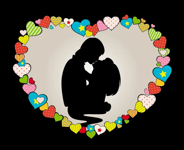 De dag van Valentijnskaarten achtergrond met silhouet van liefhebbers en harten. vector — Stockvector