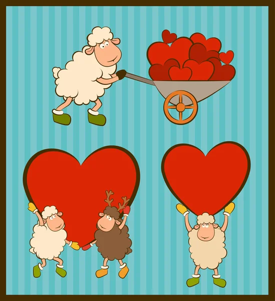 Vektor kreslené vtipné ovce drží srdce. nastavit — Stockový vektor