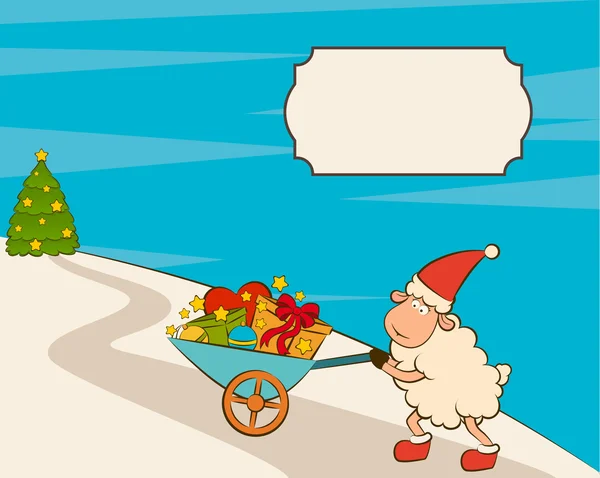 Cartoon engraçado Papai Noel ovelhas e saco com presentes. Ilustração de Natal vetorial — Vetor de Stock