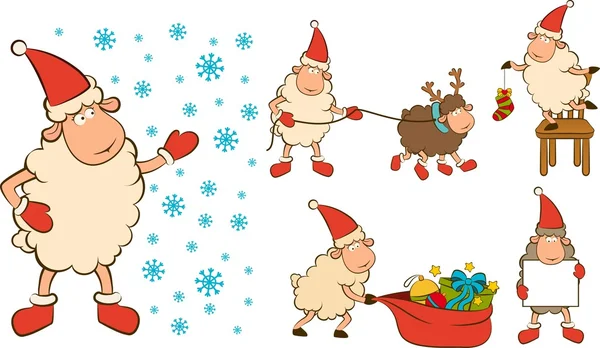 Navidad oveja divertida con regalos. Conjunto de vectores — Vector de stock