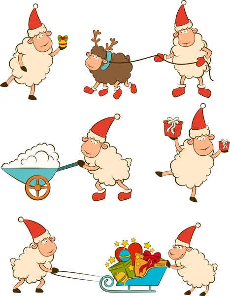 Christmas funny sheep with gifts. Vector set — Stock Vector