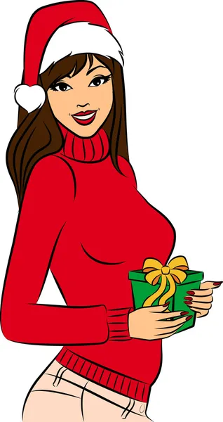 Cartoon-Frau im Anzug Schneemädchen mit Geschenk. Vektor — Stockvektor