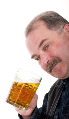 Elderly man holding a beer belly clipart