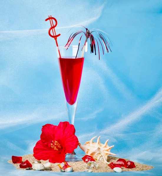 Exotisk cocktail med tropiska beskjuter och röd blomma — Stockfoto