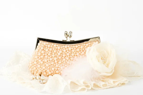 Sexy fashionable handbag with pearl jewelry — Stock Photo, Image