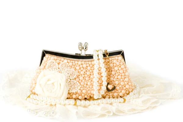 Sexy fashionable handbag with pearl jewelry — Stock Photo, Image