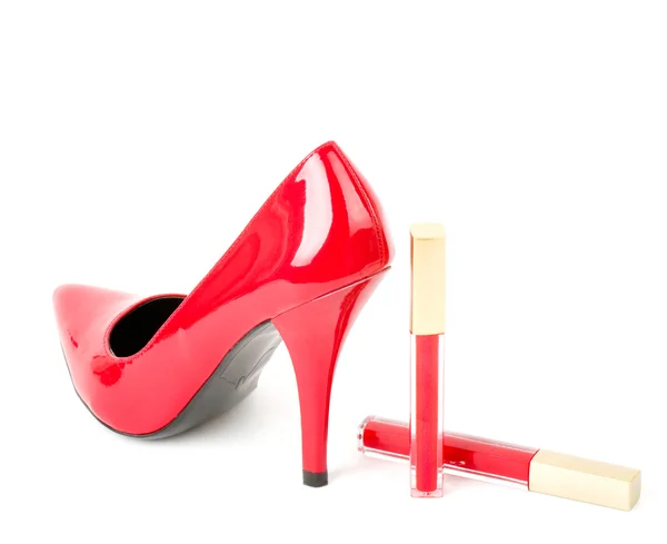 Sexy fashionable shoe and lipstick isolated on white background. — Stock Photo, Image