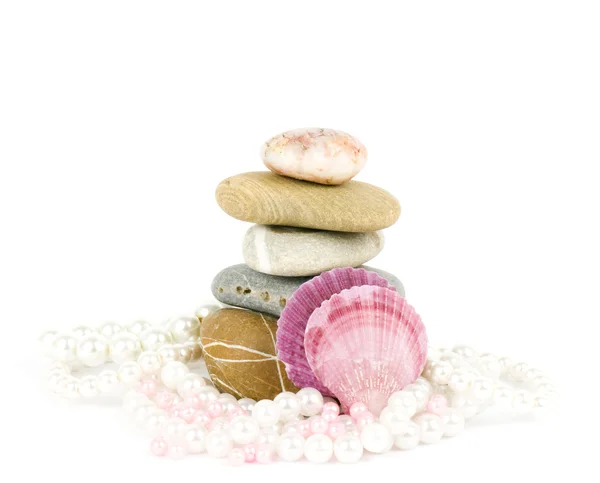 stock image Beautiful exotic shell and stones, pearls on white background.