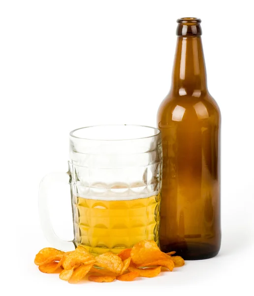 Potato chips and beer on white — Stock Photo, Image