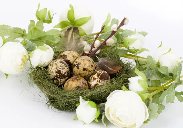 Ninho com ovos de codorna e flores de primavera — Fotografia de Stock