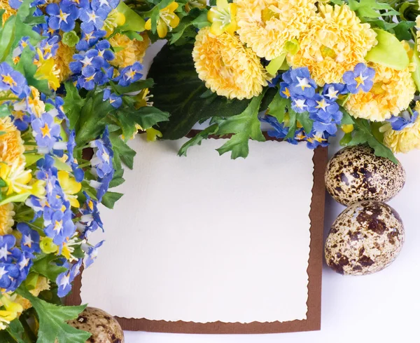 Jaja przepiórcze i wiosennych kwiatów z banerem — Zdjęcie stockowe