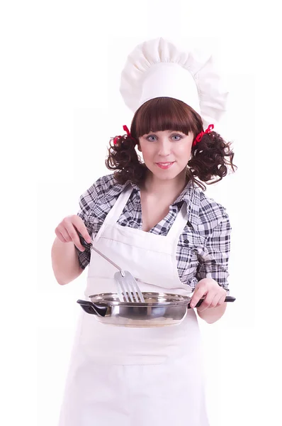 Mosolygós boldog cook nő tart egy serpenyőben — Stock Fotó