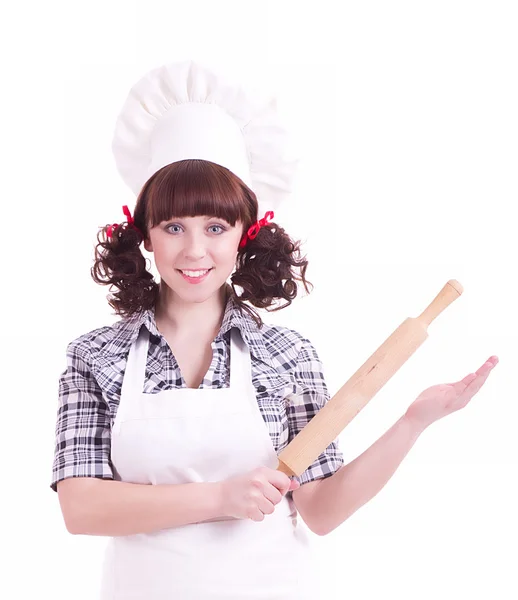 Sonriente mujer cocinera feliz sostiene un utensilio de cocina de madera —  Fotos de Stock