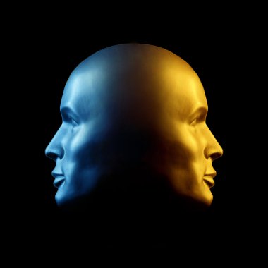 Two-faced head statue, blue and gold clipart