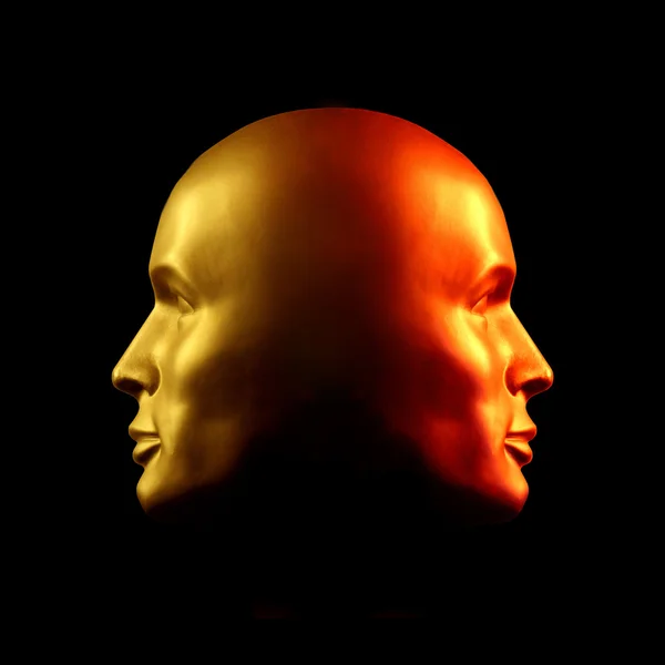 Patung kepala bermuka dua, merah dan emas — Stok Foto