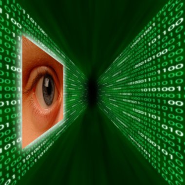 An eye monitoring a corridor of binary code clipart