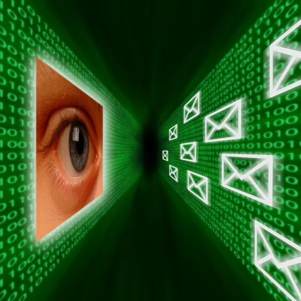 stock image An eye monitoring emails and binary code