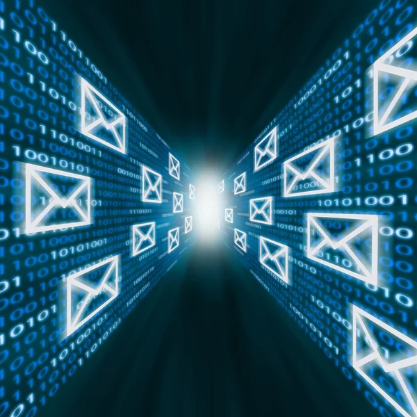 Iconos de correo electrónico volando a lo largo de paredes de código binario — Foto de Stock
