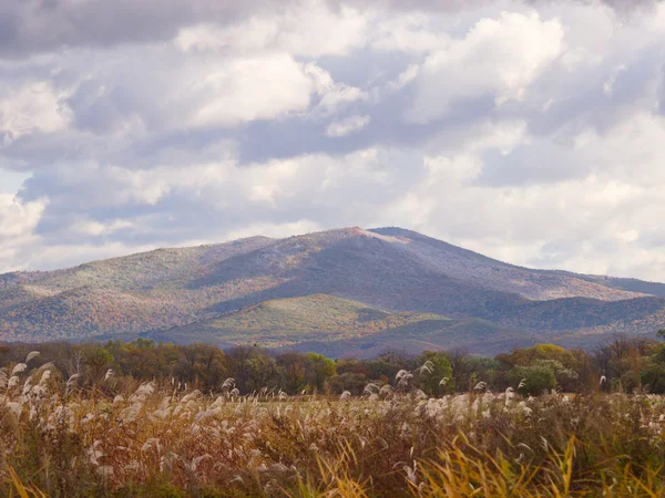Herfst landschap met bergen en de bewolkte hemel — Stockfoto