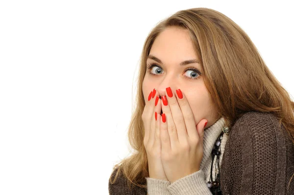 Womanl with hand over mouth — Stock Photo, Image