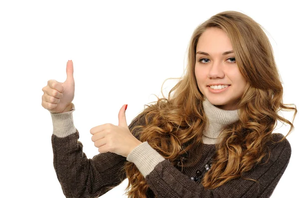 Success womanl exposing greater fingers, — Stock Photo, Image