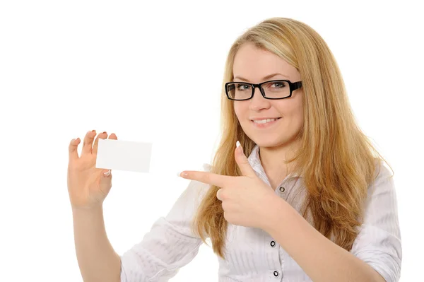 Woman holding empty white board — Stock Photo, Image