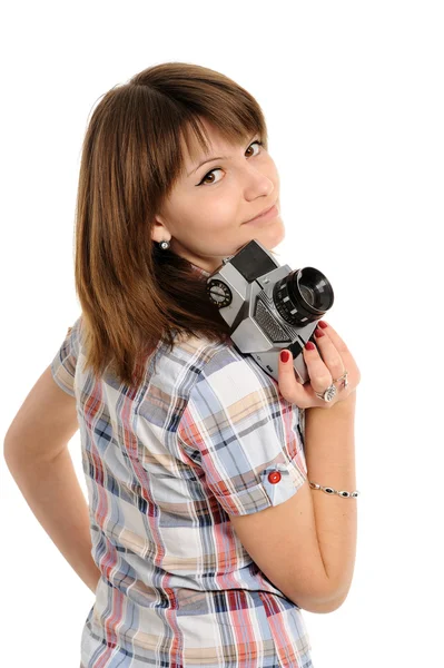 Žena s vinobraní fotoaparát — Stock fotografie