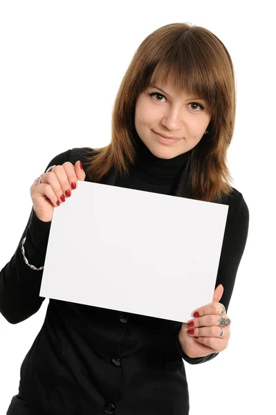 Woman holding empty white board — Stock Photo, Image