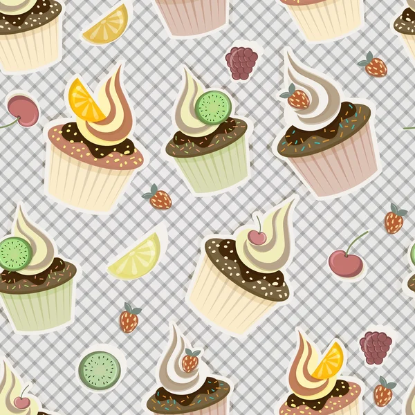 Motif sans couture vectoriel avec cupcakes, fruits et baies — Image vectorielle
