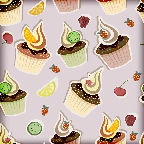 Vector seamless pattern with cupcakes, fruits and berries — Stock Vector