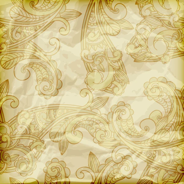 Vector seamless paisley pattern on crumpled golden foil texture — Stok Vektör