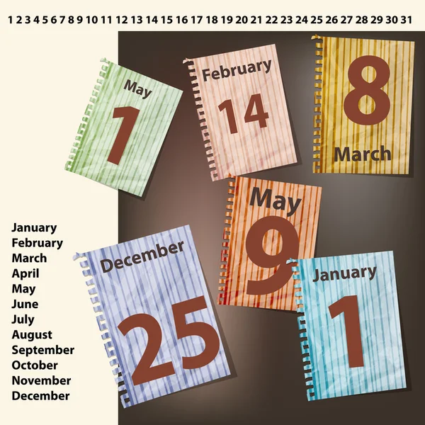 Hojas vectoriales de calendario con fechas de días festivos internacionales — Vector de stock