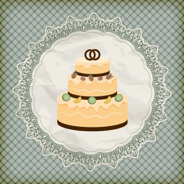 dantelli na üzerinde büyük düğün pastası ile vektör retro düğün davetiyesi