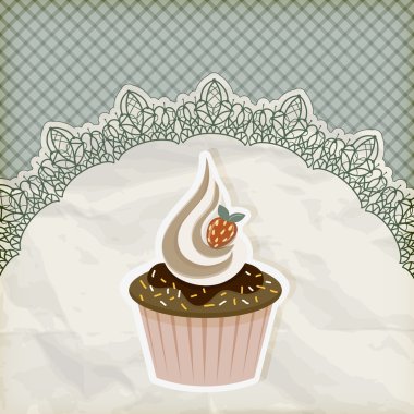 cupcake dantel peçete üzerinde ile vektör retro davet temlate