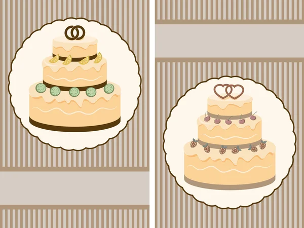 Due vettoriale invito di nozze retrò con grande torta nuziale — Vettoriale Stock