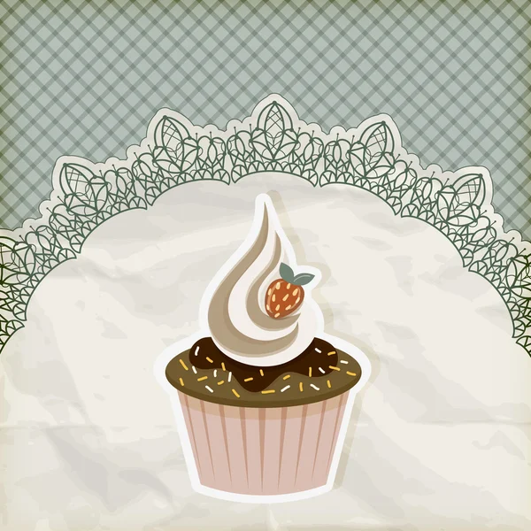 Vetor retro convite temlate com cupcake no guardanapo rendado — Vetor de Stock