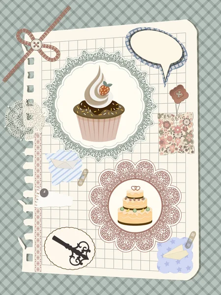 Vector scrapbook with nakin and cakes, toys, and other design el — Stock Vector