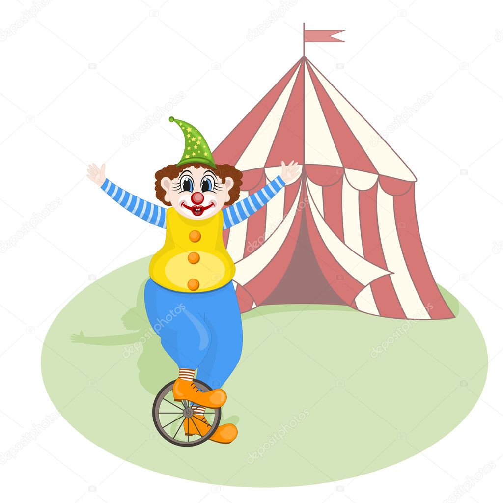 vector cheerful clown unicycling in front of circus tent