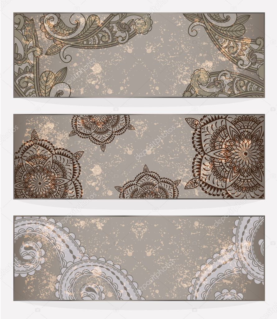 three vector banners with paisley pattern and place for your tex