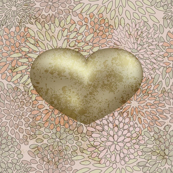 Vector golden heart on seamless floral background on grunge ba — Stock Vector