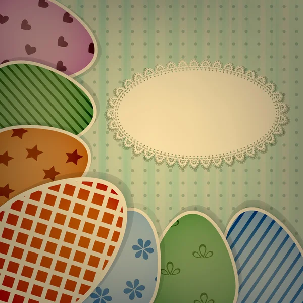 Carte de vœux vectorielle de Pâques avec oeufs colorés rétro sur dentelle n — Image vectorielle
