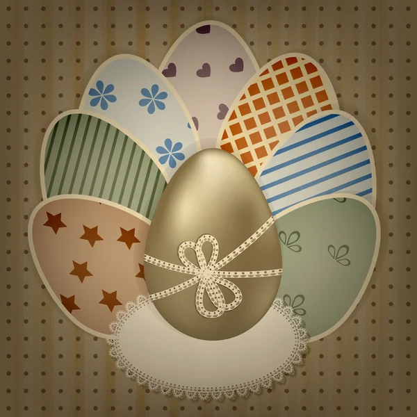 Vektor-Ostergrußkarte mit goldenen und retro bunten Eiern — Stockvektor