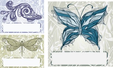 vector set with hand drawn butterfly, dragonfly, and fish.vinta clipart