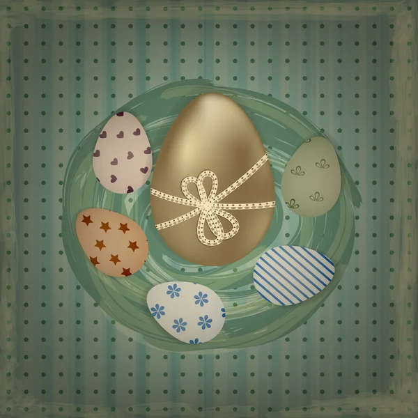 Векторна великодні вітальна листівка з золотими та ретро барвистими яйцями — стоковий вектор