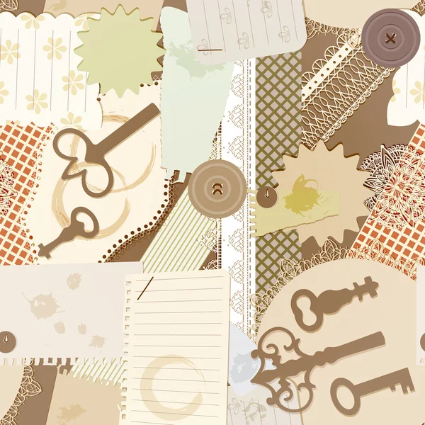 Motif vectoriel sans couture avec des éléments de conception scrapbook : clé vintage, morceaux de papier déchiré, éclaboussures de café, serviettes — Image vectorielle