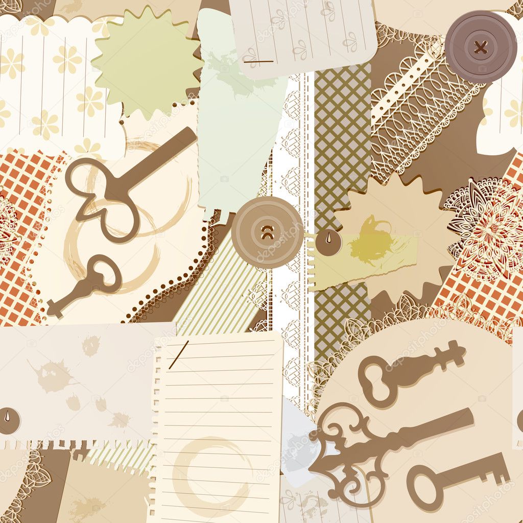 vector seamless pattern with scrapbook design elements: vintage key, torn pieces of paper, splashes of coffee, napkins