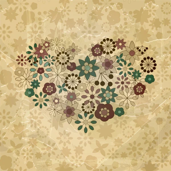 Fleurs vectorielles de printemps organisées en forme de coeur, vieux texte en papier — Image vectorielle